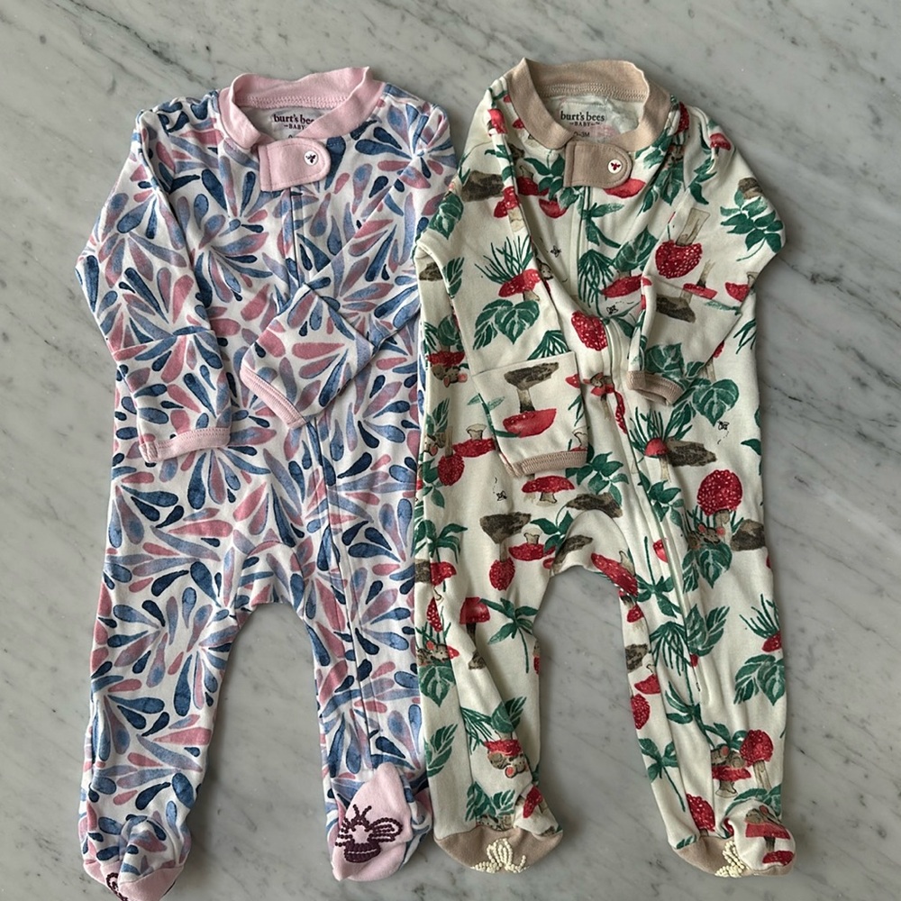 Burt Bee Baby Organic Cotton Sleep Pajamas PJ Onesie, 0-3 M, Lot, Set of 2